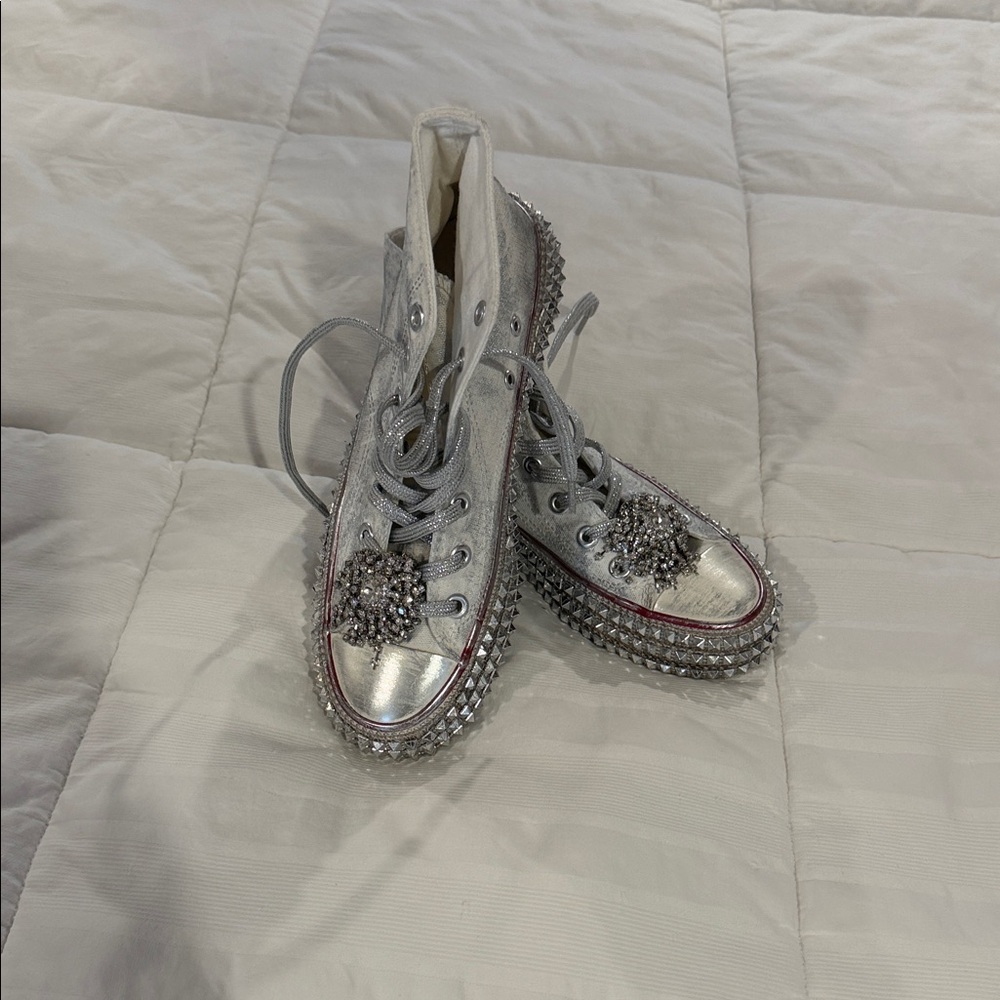 Silver Embellished Lace-Up High Top Boots